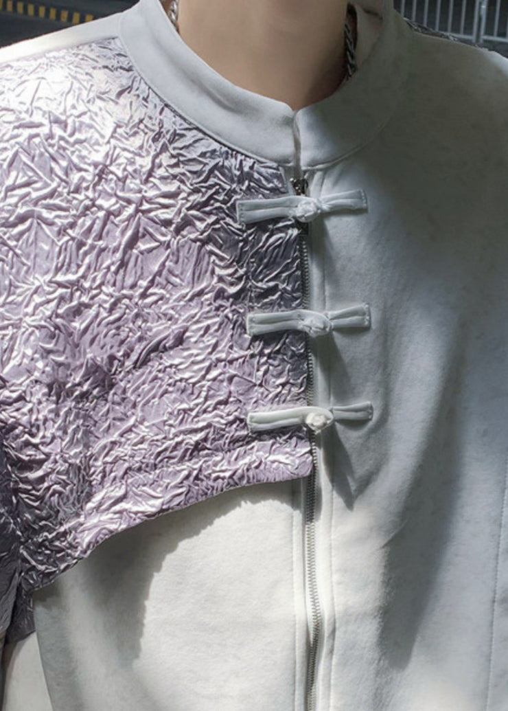 Original Design Grey Zippered Chinese Button Patchwork Ice Silk Men Shirts Summer