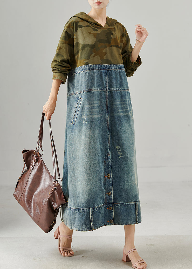 Original Design Hooded Patchwork Denim Maxi Dress Fall