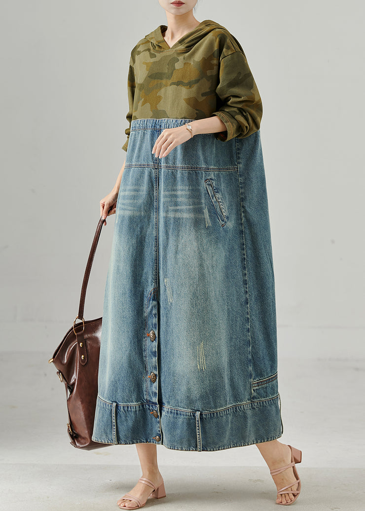 Original Design Hooded Patchwork Denim Maxi Dress Fall