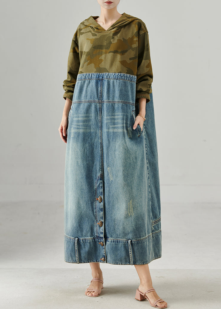 Original Design Hooded Patchwork Denim Maxi Dress Fall