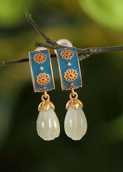 Original Design Jade Cloisonne Silver Drop Earrings