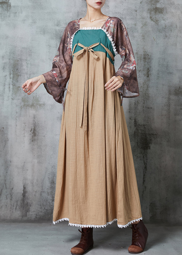Original Design Khaki Patchwork Linen Dress Flare Sleeve