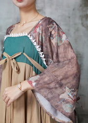 Original Design Khaki Patchwork Linen Dress Flare Sleeve