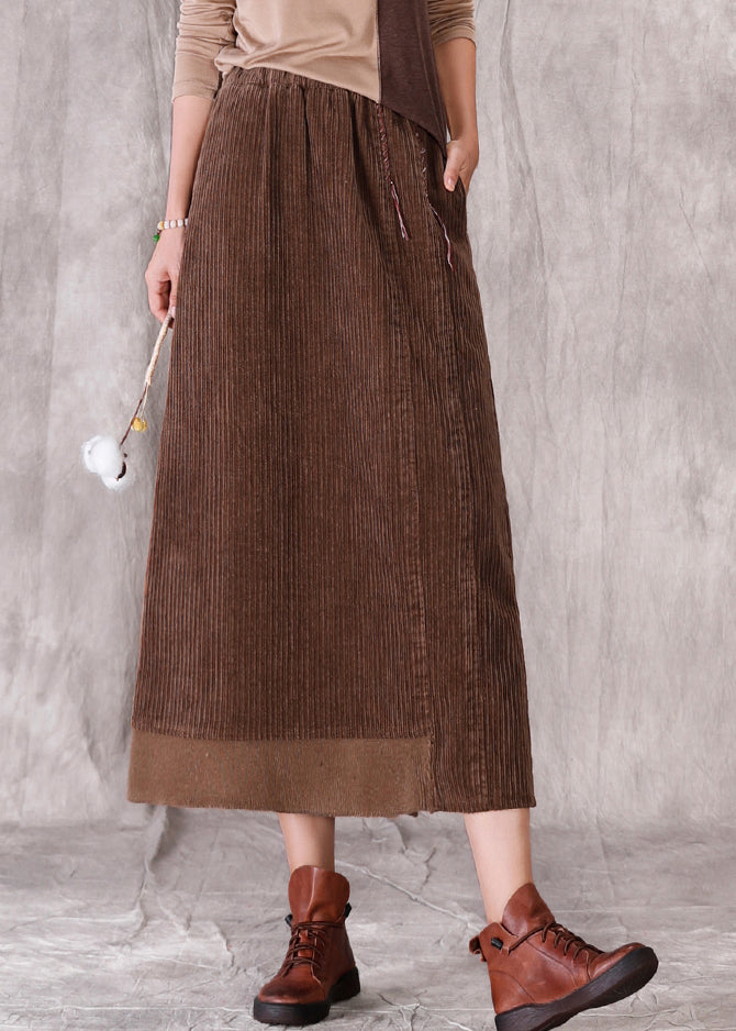 Original Design Khaki Pockets Side Open Elastic Waist Corduroy Skirt Spring