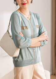 Original Design Light Blue V Neck Patchwork Knit Shirt Tops Long Sleeve