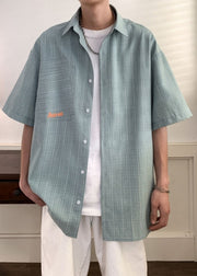 Original Design Light Green Plaid Button Cotton Men Shirts Summer