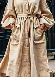Original Design Loose Apricot V Neck Pockets Cotton Dresses Long Sleeve