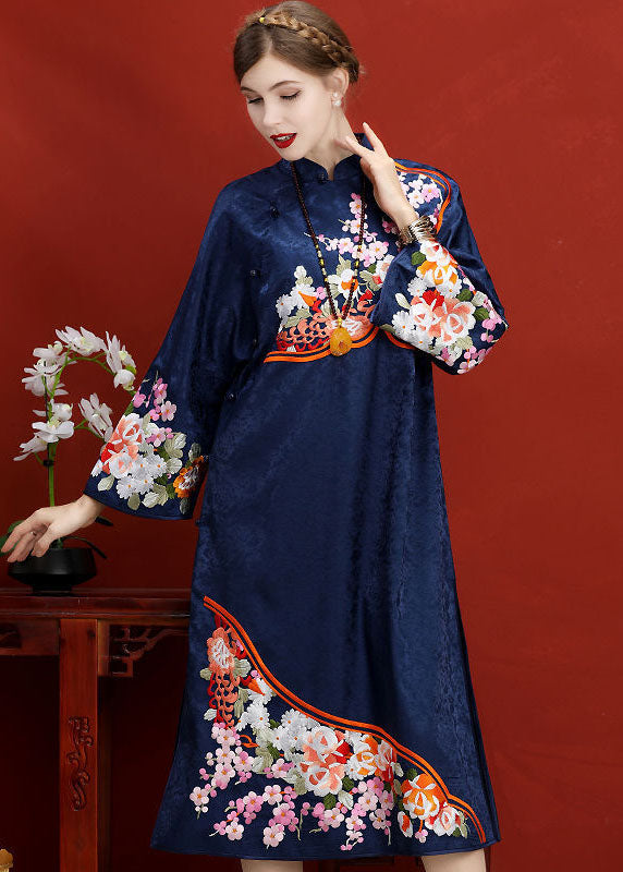 Original Design Navy Embroideried Jacquard Silk Chinese Style Dress Vestidos Spring