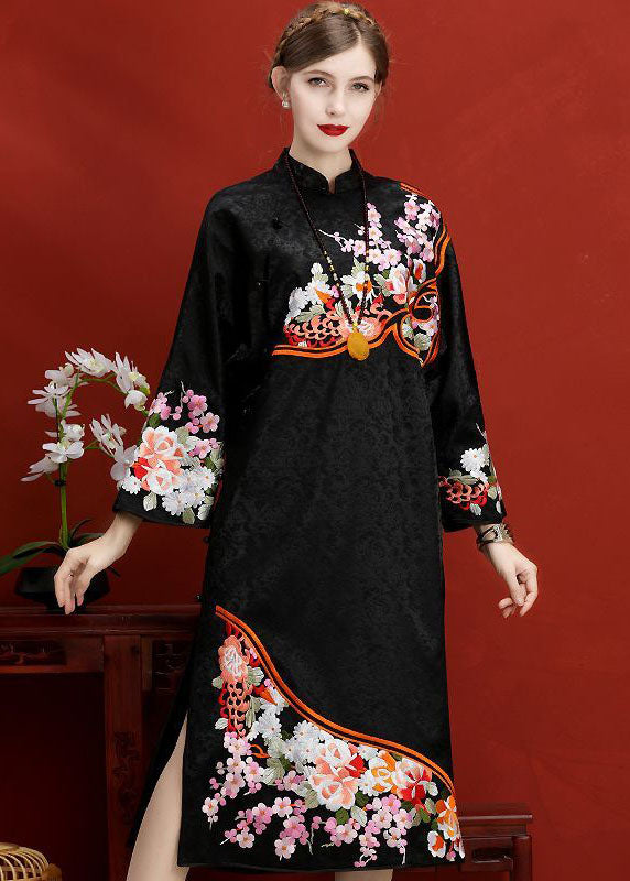 Original Design Navy Embroideried Jacquard Silk Chinese Style Dress Vestidos Spring