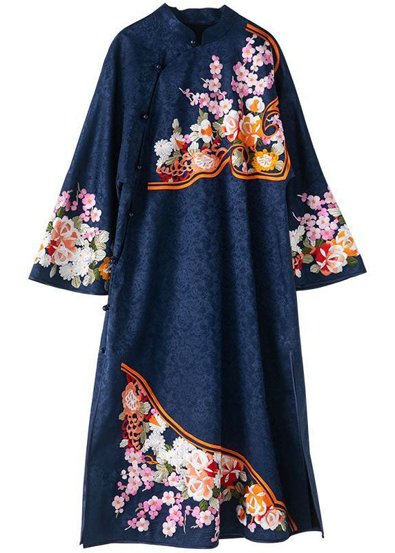 Original Design Navy Embroideried Jacquard Silk Chinese Style Dress Vestidos Spring