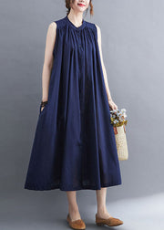 Original Design Navy O-Neck Button Cotton Maxi Dress Sleeveless