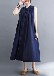 Original Design Navy O-Neck Button Cotton Maxi Dress Sleeveless