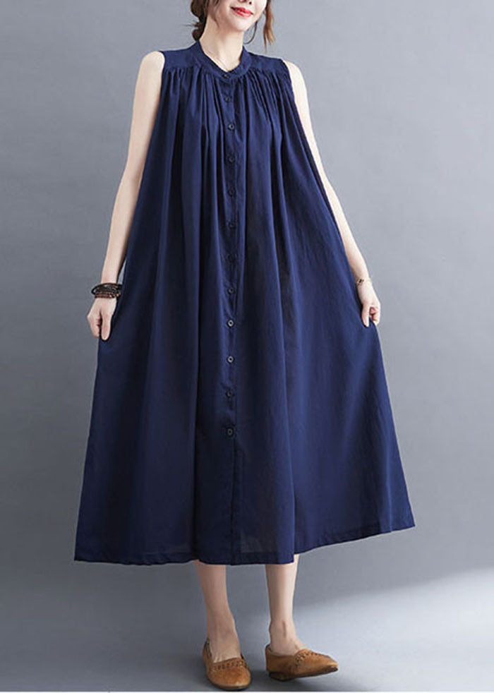 Original Design Navy O-Neck Button Cotton Maxi Dress Sleeveless