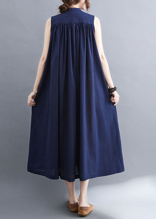 Original Design Navy O-Neck Button Cotton Maxi Dress Sleeveless