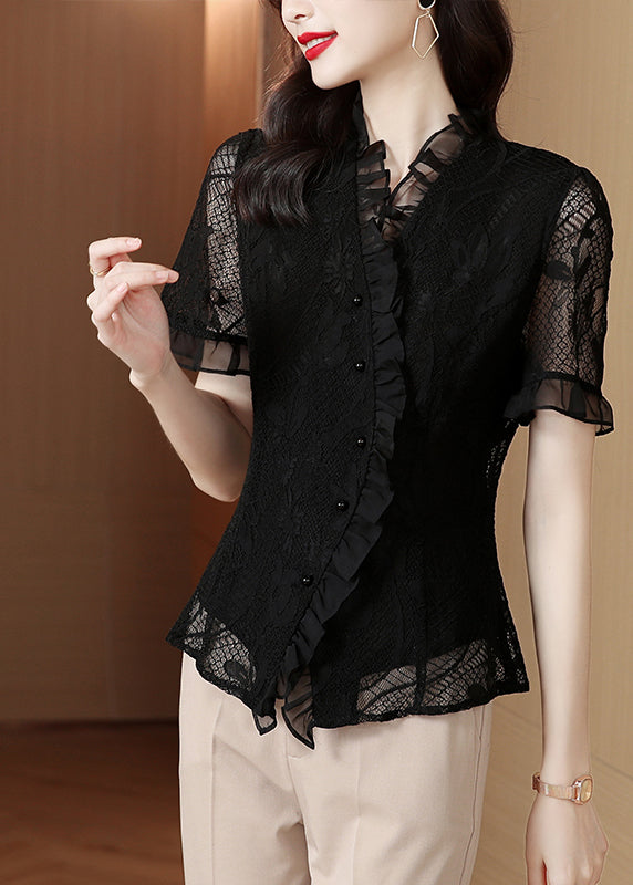 Original Design Navy Ruffled Hollow Out Lace Shirt Summer