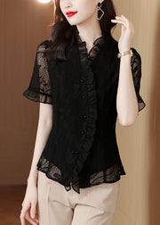 Original Design Navy Ruffled Hollow Out Lace Shirt Summer