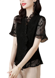 Original Design Navy Ruffled Hollow Out Lace Shirt Summer