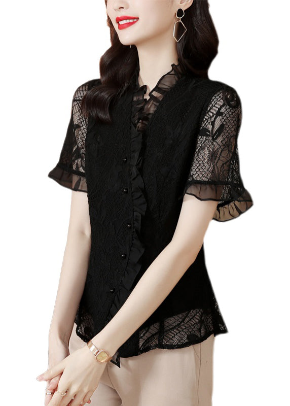 Original Design Navy Ruffled Hollow Out Lace Shirt Summer