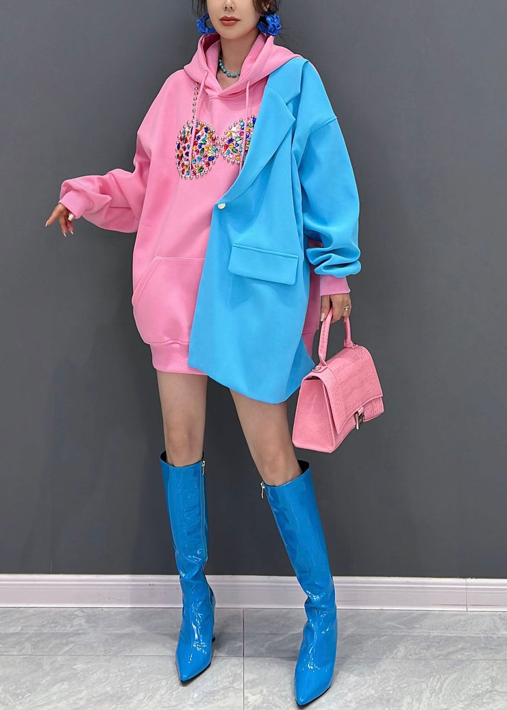 Original Design Pink Blue Hooded Patchwork Cotton Fake Two Piece Sweatshirts Top Fall