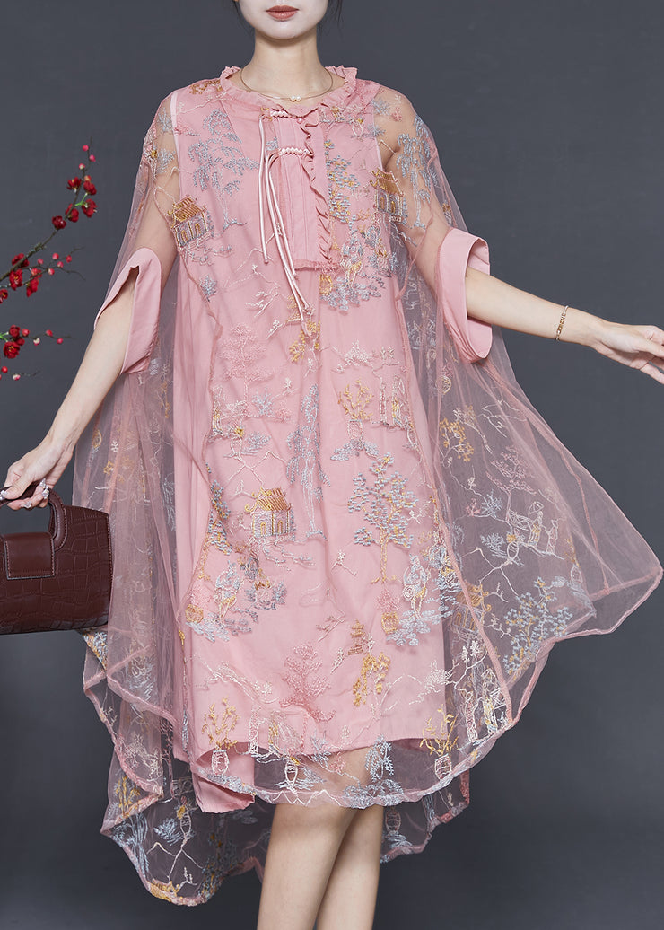 Original Design Pink Embroidered Tulle Dress Summer