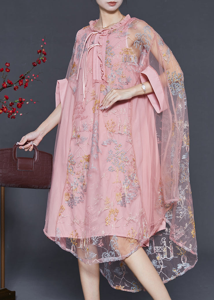 Original Design Pink Embroidered Tulle Dress Summer