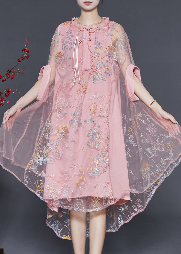 Original Design Pink Embroidered Tulle Dress Summer