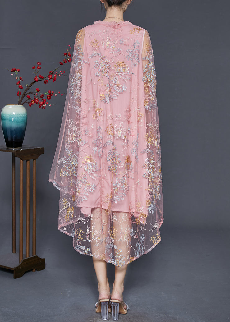 Original Design Pink Embroidered Tulle Dress Summer