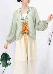 Original Design Pink Embroideried Lace Up Chiffon Cardigans Lantern Sleeve