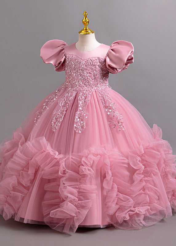 Original Design Pink O-Neck Sequins Tulle Kids Maxi Dresses Summer