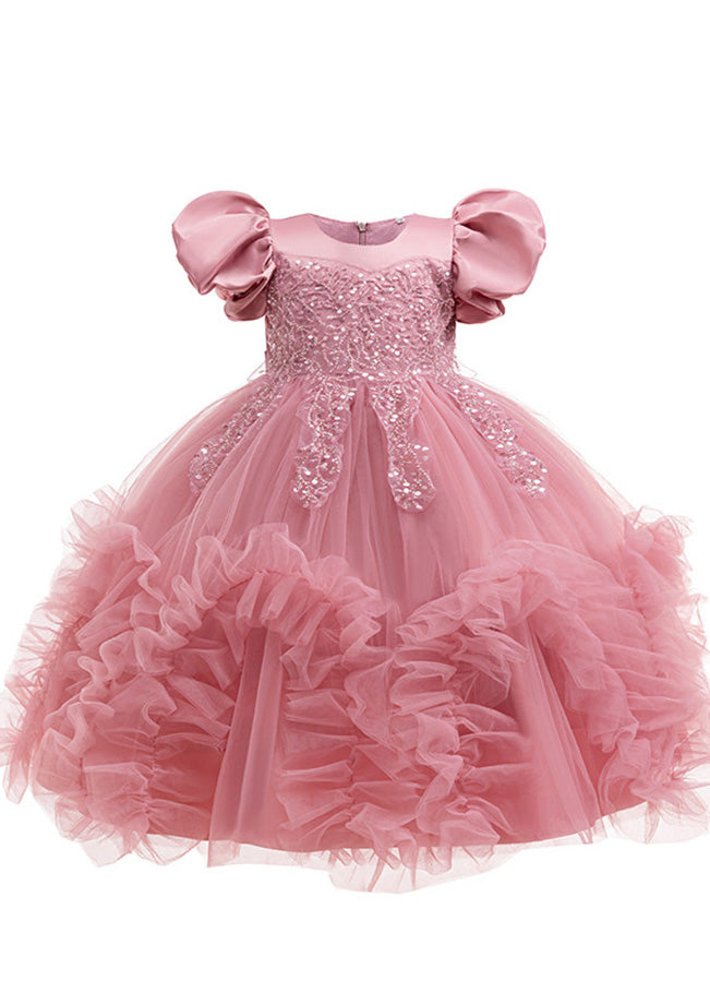 Original Design Pink O-Neck Sequins Tulle Kids Maxi Dresses Summer