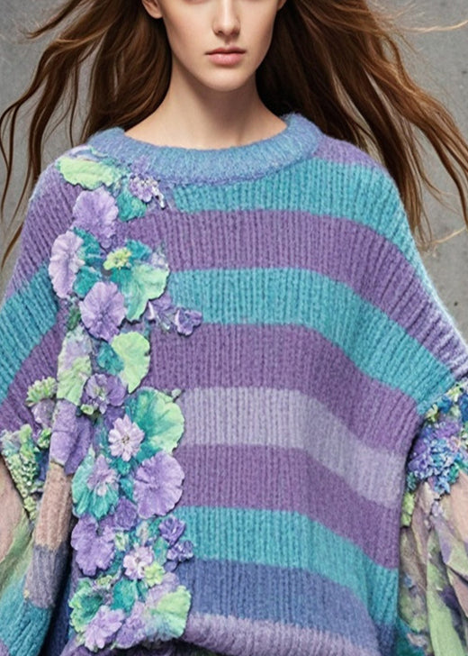 Original Design Purple Oversized Patchwork Floral Sweaters Batwing Sleeve