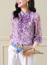 Original Design Purple Stand Collar Ruffled Print Chiffon Blouse Top Spring