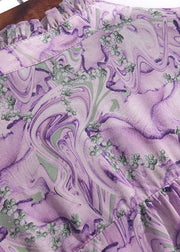 Original Design Purple Stand Collar Ruffled Print Chiffon Blouse Top Spring