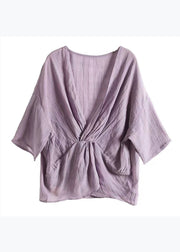 Original Design Purple V Neck Linen Tops Bracelet Sleeve