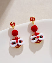 Original Design Red Copper Orange Silk Velvet Lion Dance Drop Earrings