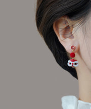 Original Design Red Copper Orange Silk Velvet Lion Dance Drop Earrings