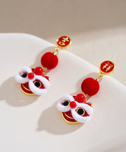 Original Design Red Copper Orange Silk Velvet Lion Dance Drop Earrings