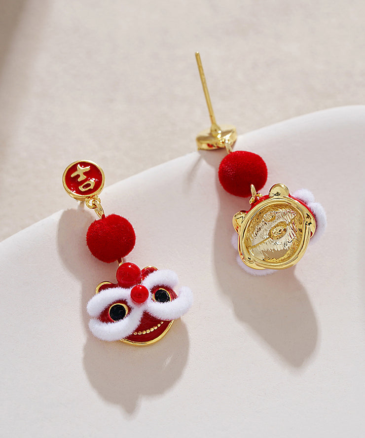 Original Design Red Copper Orange Silk Velvet Lion Dance Drop Earrings