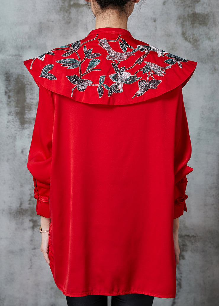 Original Design Red Embroidered Chinese Button Blouse Tops Spring
