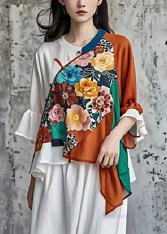 Original Design Red Flower Asymmetrical Patchwork Cotton Oriental Tops Summer