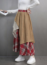 Original Design Red Plaid Elastic Waist Patchwork Maxi Skirt Spring