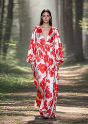 Original Design Red Print Oversized Silk Maxi Dress Spring