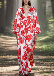 Original Design Red Print Oversized Silk Maxi Dress Spring