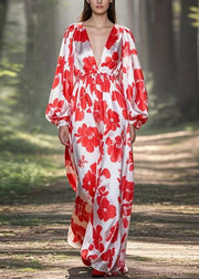 Original Design Red Print Oversized Silk Maxi Dress Spring