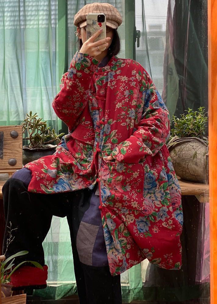 Original Design Red Print Pockets Plus Size Fine Cotton Filled Coat Winter