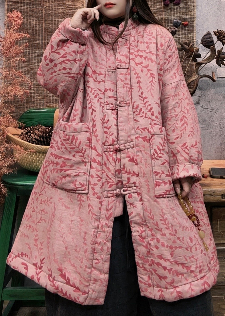 Original Design Retro Pockets Print Fine Cotton Filled Coat Winter