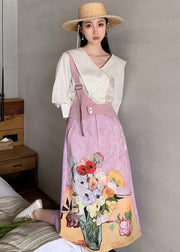 Original Design Sailor Collar Asymmetrical Design Print Silk Tops And Skirts Two-Piece Set Summer