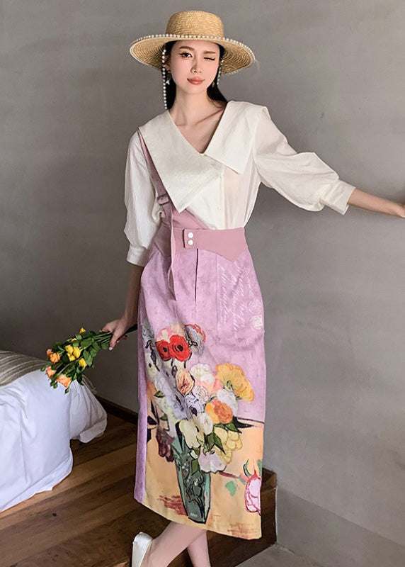 Original Design Sailor Collar Asymmetrical Design Print Silk Tops And Skirts Two-Piece Set Summer