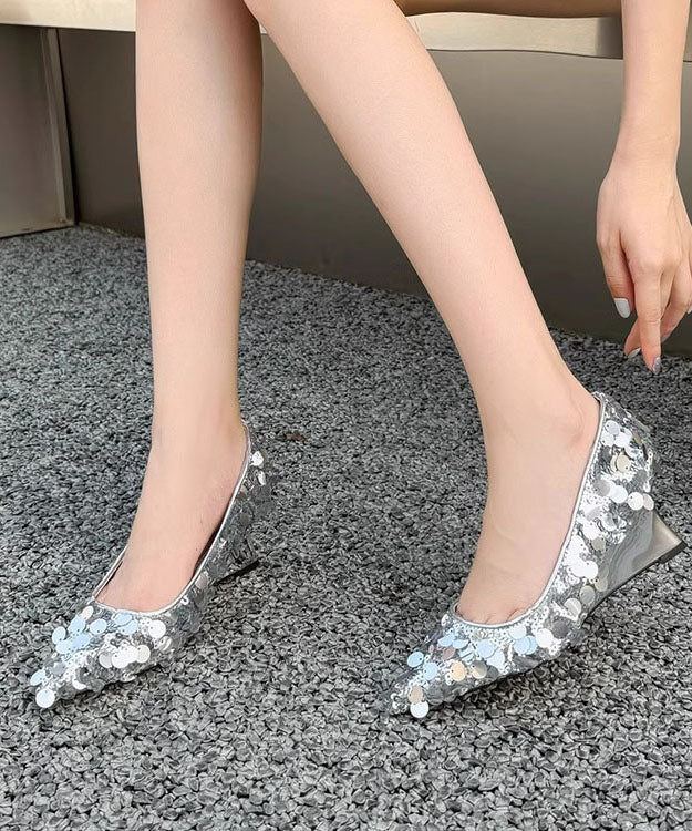 Original Design Silver Sequins Wedge Heels Pointed Toe