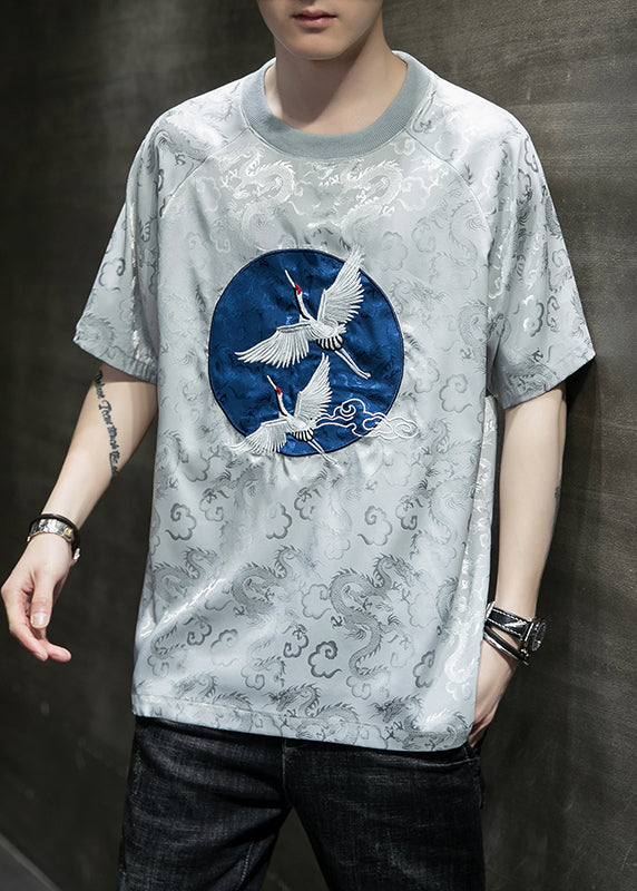 Original Design Silvery O-Neck Embroideried Ice Silk Mens T Shirts Summer
